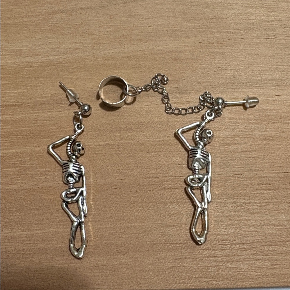 Silver Skeleton Earrings with Chain